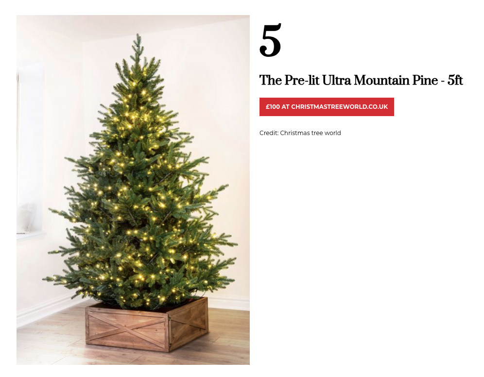 A product listing for a green Christmas tree with yellow lights sitting in a brown box.
