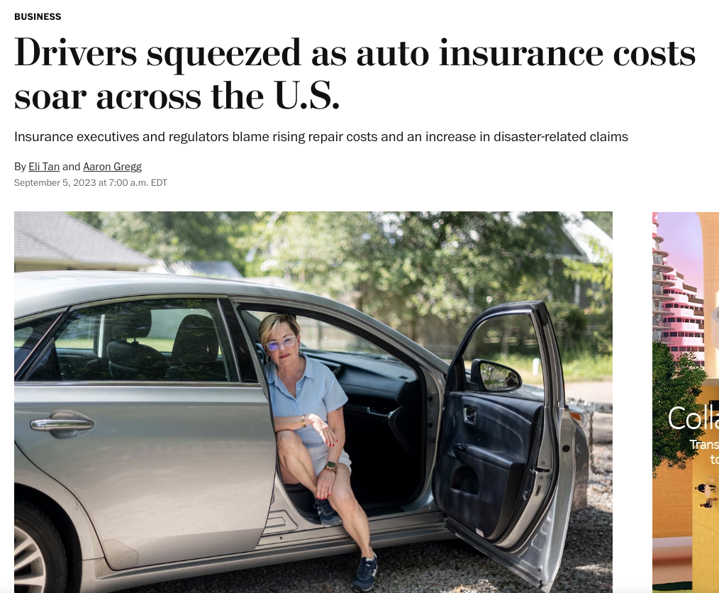 News article about the cheapest and most expensive US states for car insurance. A woman sits in the passenger seat of a silver car with the door open.