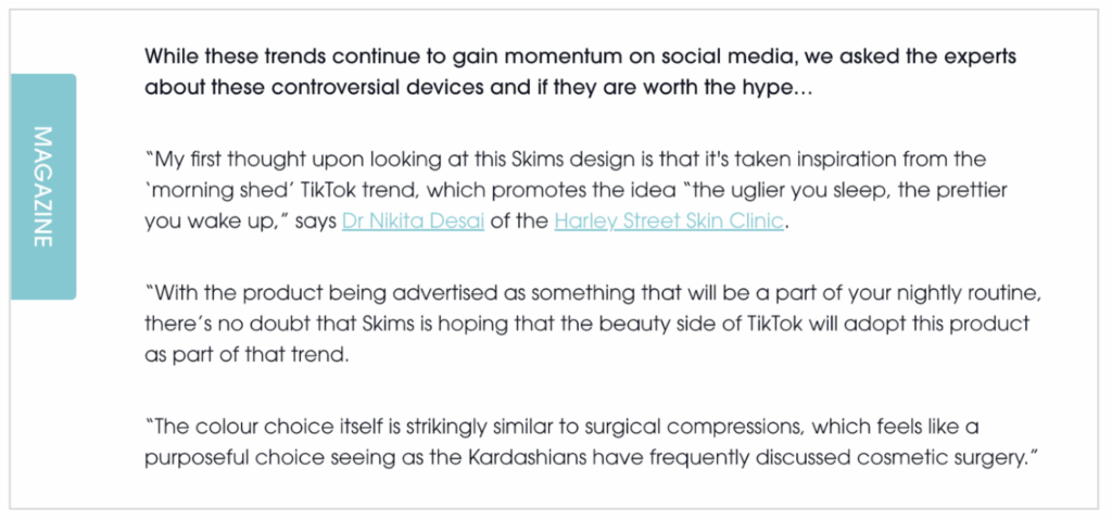 Harley Street Skin Clinic reactive coverage with expert comments in Aesthetic Medicine.