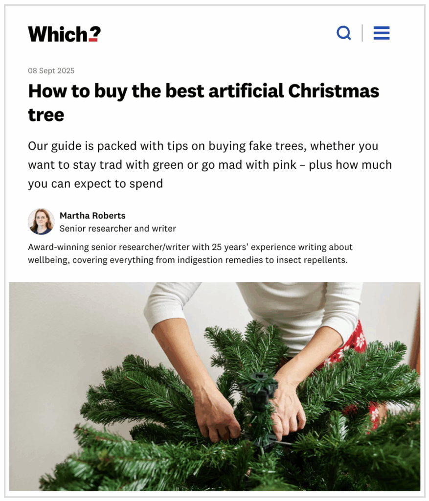 Which? article showing the best artificial Christmas trees.