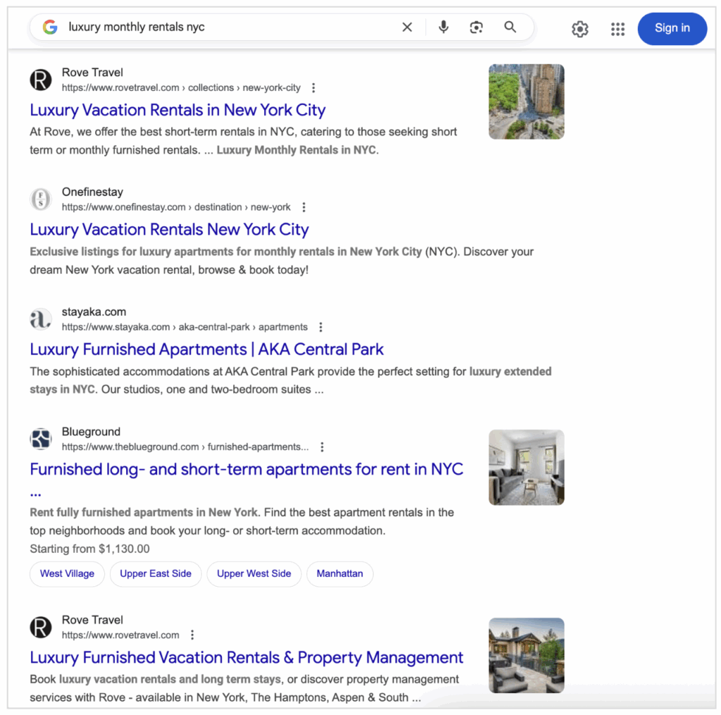Google results page showing Rove Travel in position 1 for the keyword luxury monthly rentals NYC