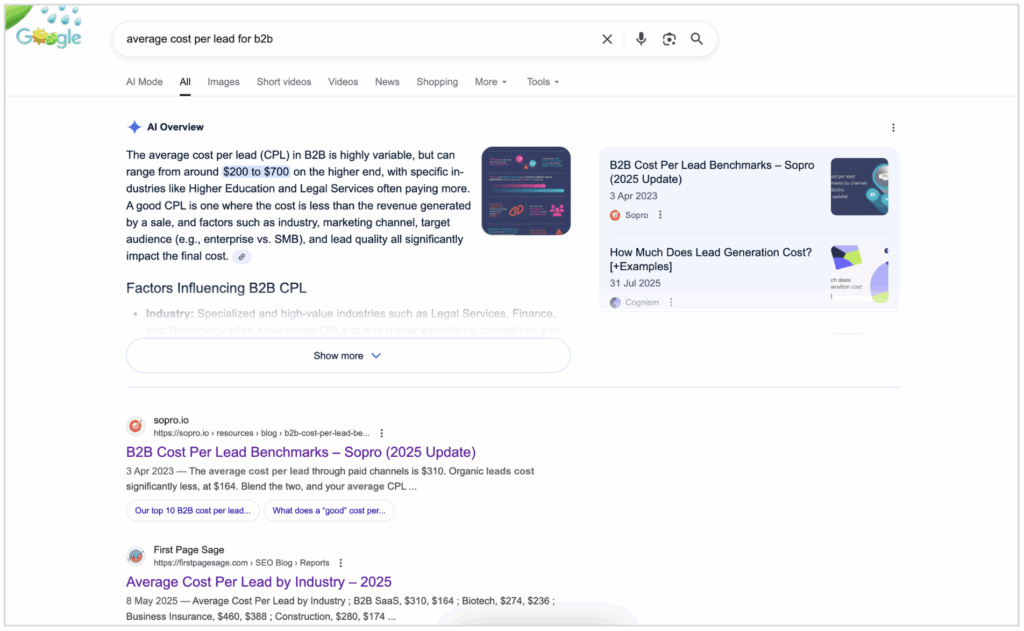 Google results screenshot showing Sopro in position one and cited first in the AI Overview.
