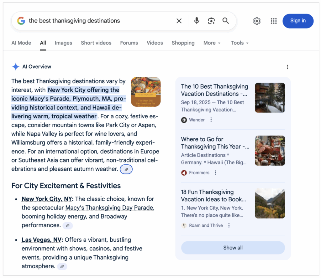Google results showing Wander cited at the top of AI Overviews for Thanksgiving vacation destinations.